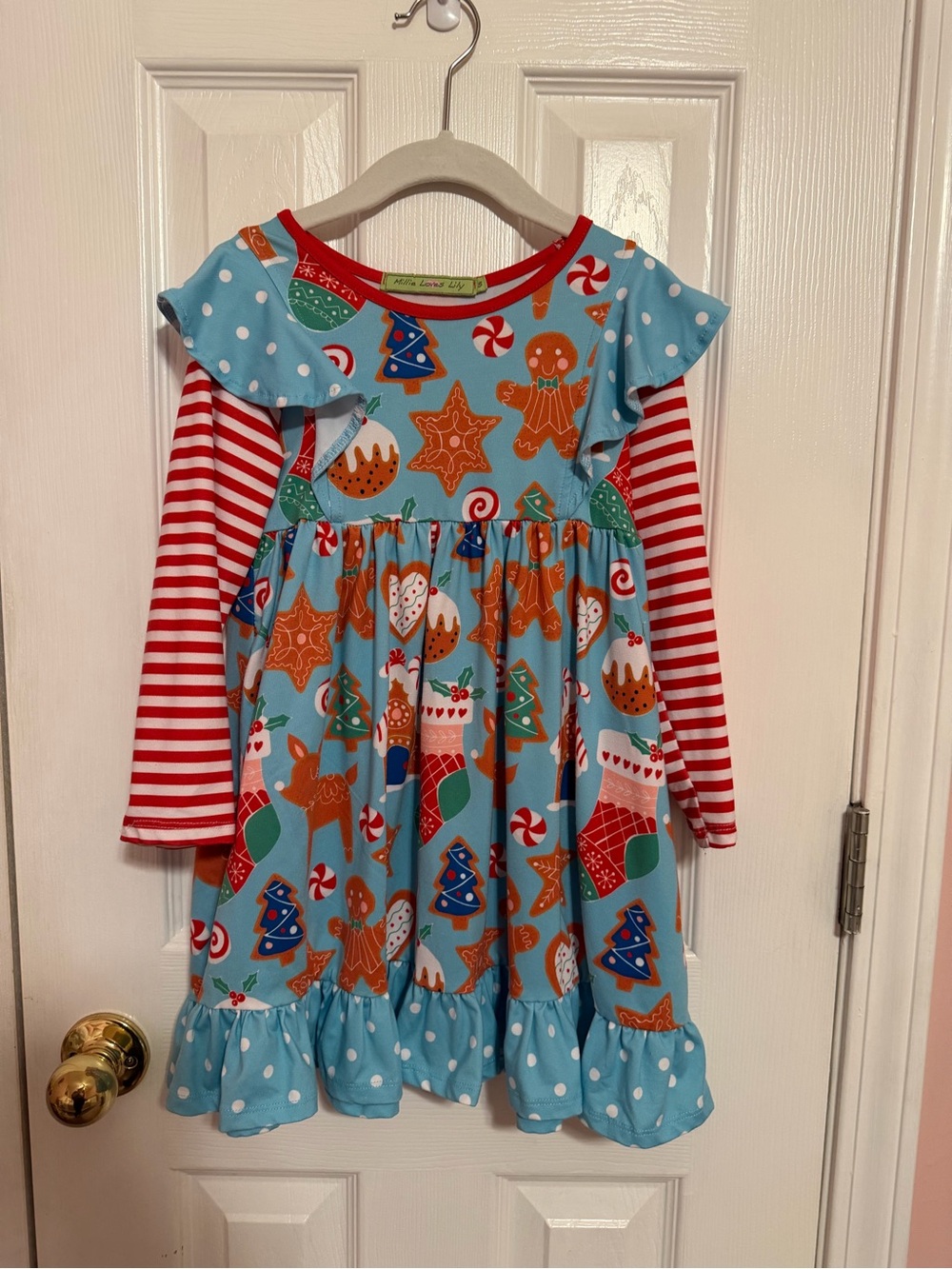 Kids Holiday Gingerbread Print Blue Ruffle Dress - (Brand)
